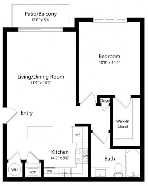 Floor plan for 1 bed, 1 bath, 730 sqft